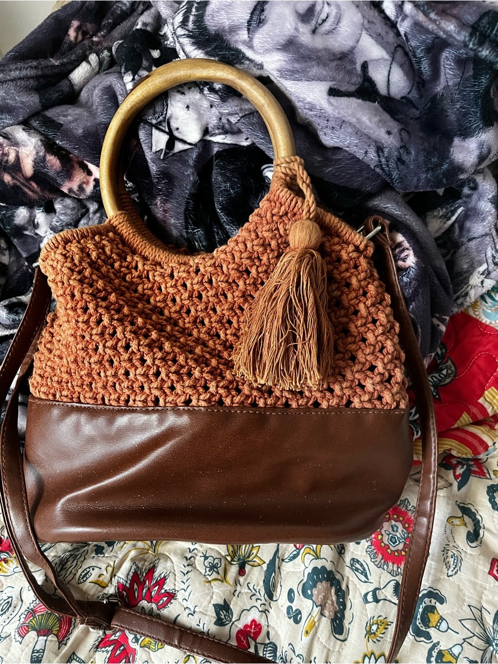 Handmade Crochet & Leather Brown Tote with Wooden Ring Handles